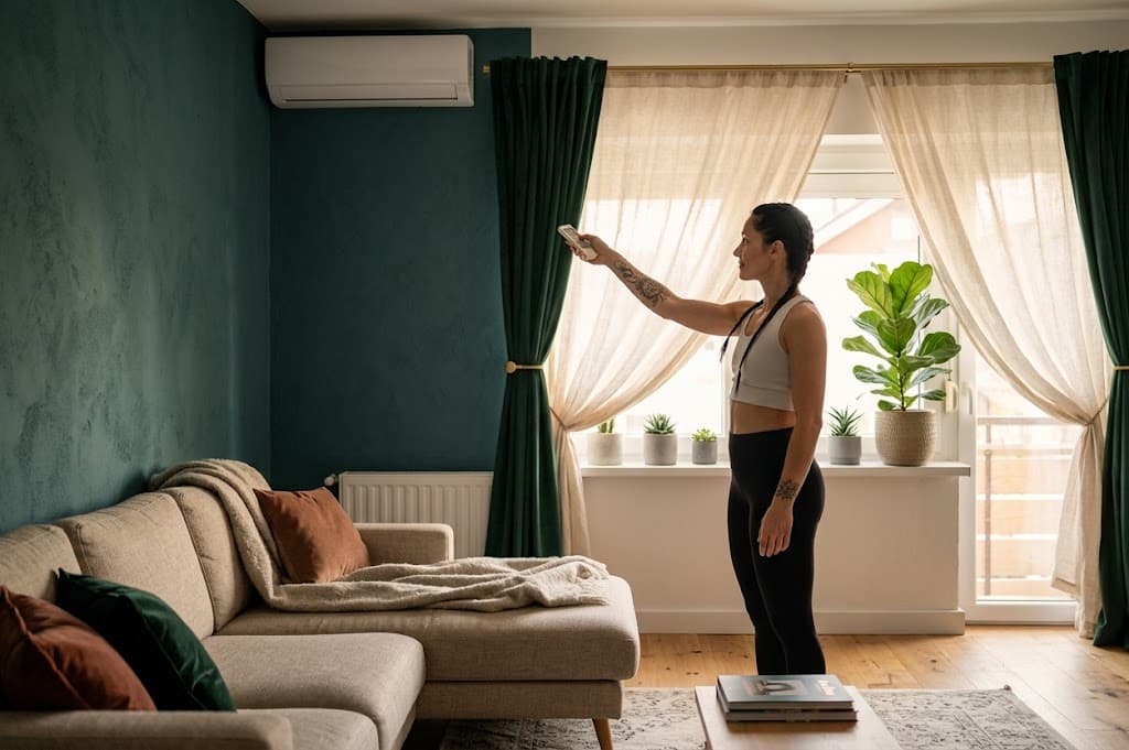 Woonkamer met een split-airco aan de muur, bediend met een afstandsbediening